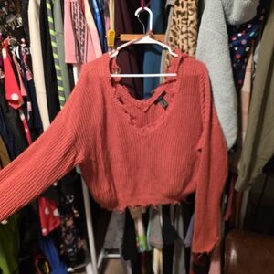 Forever 21 Red Frayed Knit Sweater